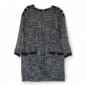 Zara Black & White Tweed Dress with Gold Buttons Size M